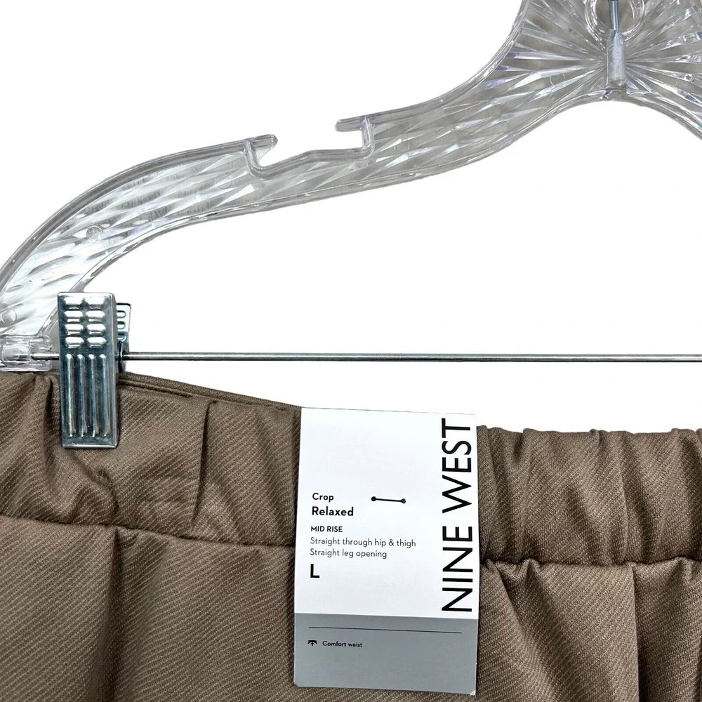 Nine West Womens Crop Pants Relaxed Straight Elastic Waist Flat Pull Up Tan L*